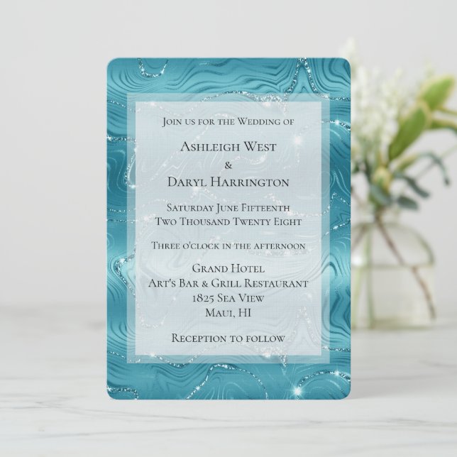 Glitzy Aqua Blue Türkise Marble Wedding Einladung (Stehend Vorderseite)