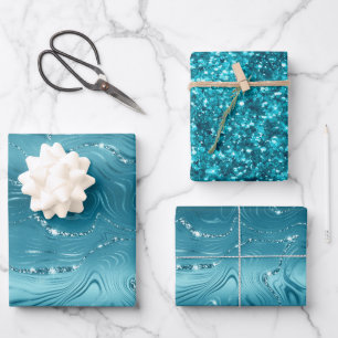 Glitzy Aqua Blue Turquoise Glitzer Geburtstag Geschenkpapier Set