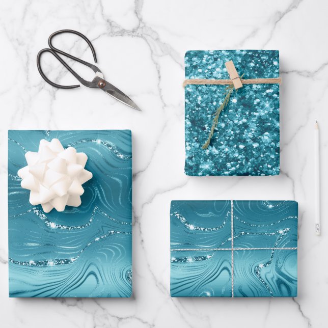 Glitzy Aqua Blue Turquoise Glitzer Geburtstag Geschenkpapier Set (Vorderseite)