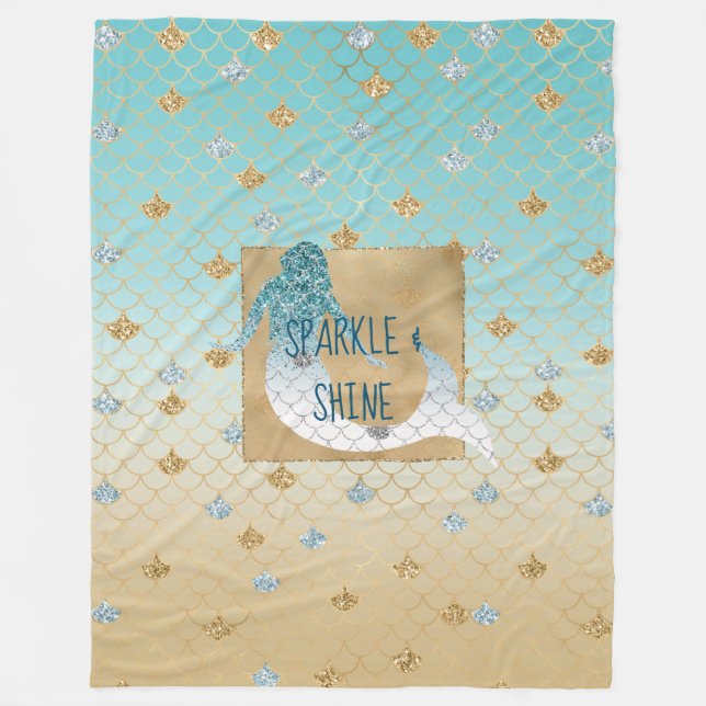 Glitzy Aqua Mermaid Blue Gold Sparkone Glitzer Fleecedecke (Vorderseite)