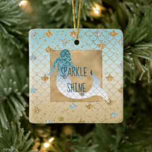 Glitzy Aqua Mermaid Blue Gold Sparkone Glitzer Keramikornament