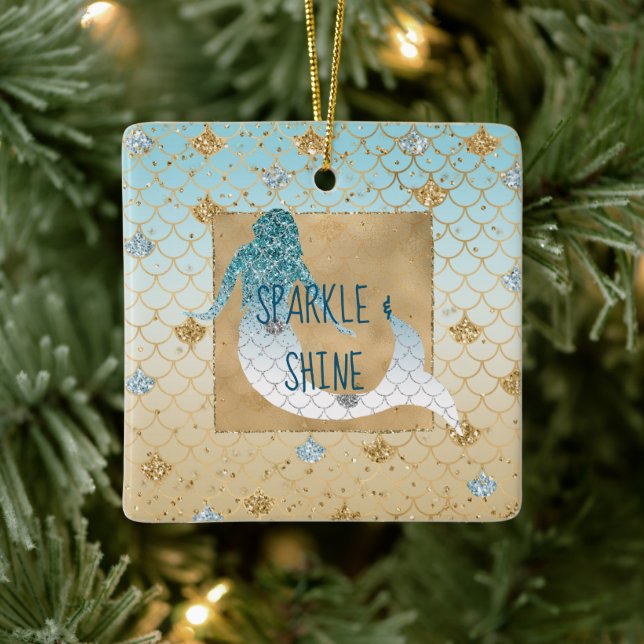 Glitzy Aqua Mermaid Blue Gold Sparkone Glitzer Keramikornament (Baum)