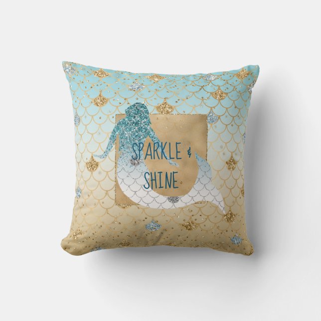 Glitzy Aqua Mermaid Blue Gold Sparkone Glitzer Kissen (Vorderseite)