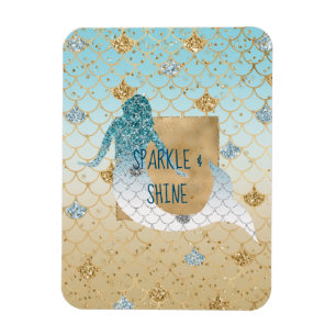 Glitzy Aqua Mermaid Blue Gold Sparkone Glitzer Magnet