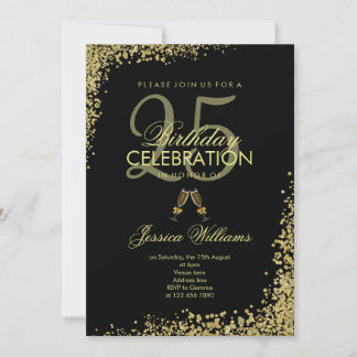Glitzy Black & Gold "Champagne Toast" Geburtstag Einladung