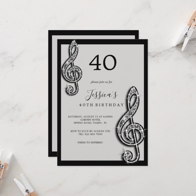 Glitzy Black Musiknotens Geburtstag Einladung (Vorderseite/Rückseite Beispiel)