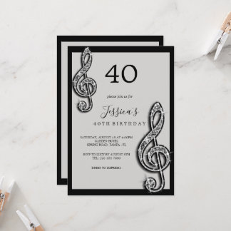 Glitzy Black Musiknotens Geburtstag Einladung