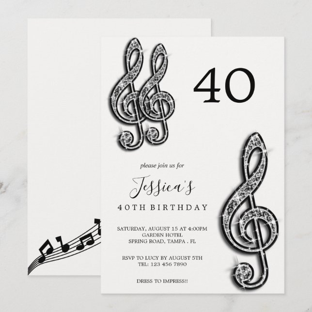 Glitzy Black Musiknotens Geburtstag Einladung (Vorne/Hinten)