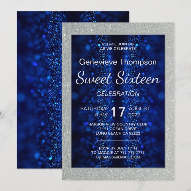 Glitzy Blue 16 . Geburtstag Party Einladung (Vorne/Hinten)