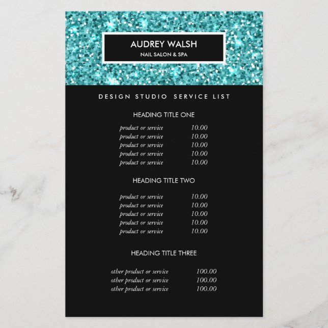 Glitzy Blue Glitzer Salon Preise & Services Flyer (Vorne)