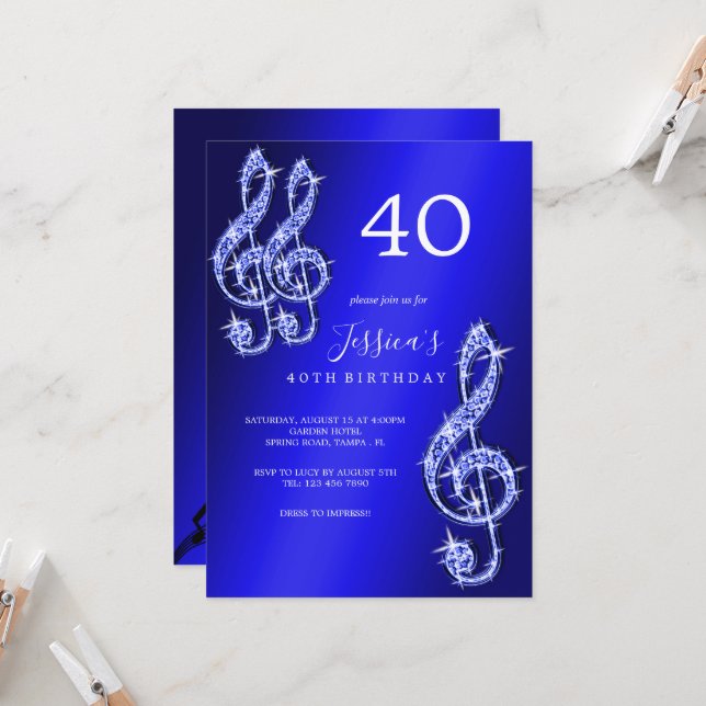 Glitzy Blue Musiknotens Birthday Einladung (Vorderseite/Rückseite Beispiel)