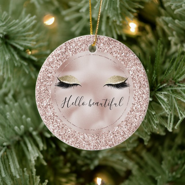 Glitzy Blush Pink Glitzer Gold Eyelashes Keramik Ornament (Baum)