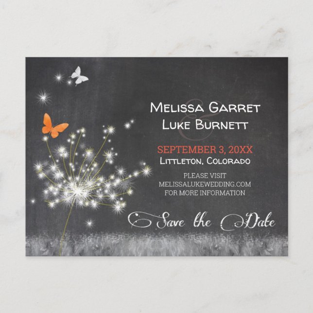 Glitzy Dandelion Chalkboard Wedding Save the Date Postkarte (Vorderseite)