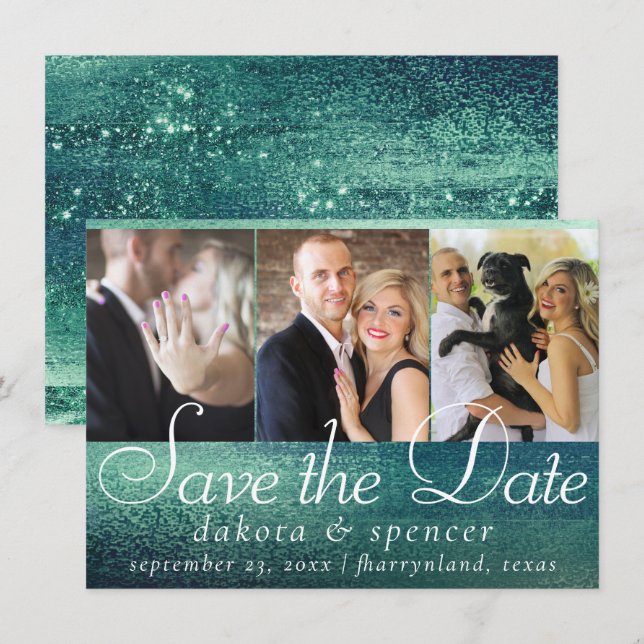 Glitzy Foil | Green Aqua Sparkone 3 Foto Save The Date (Vorne/Hinten)