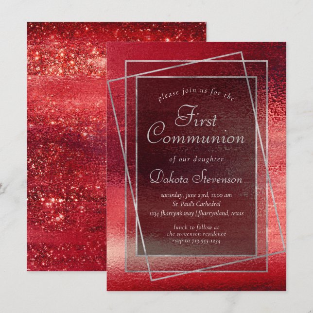 Glitzy Foil | Henna Crimson Red First Communion Einladung (Vorne/Hinten)