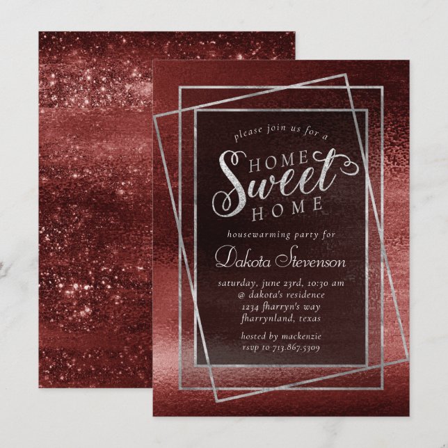 Glitzy Foil | Henna Crimson Red Glam Housewarming Einladung (Vorne/Hinten)