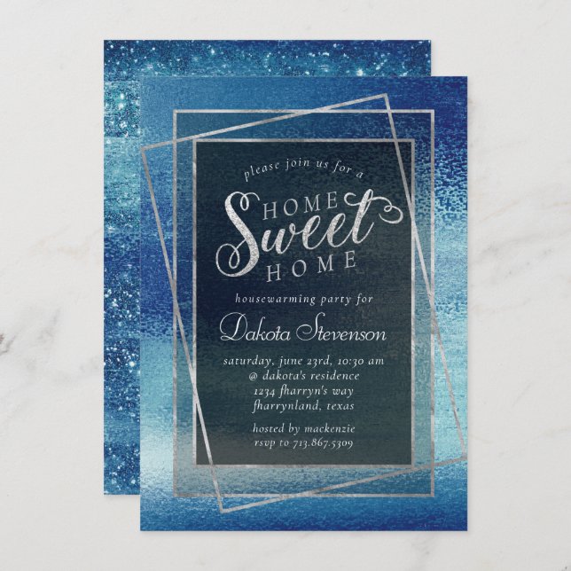 Glitzy Foil | Ice Blue Iridescent Housewarming Einladung (Vorne/Hinten)