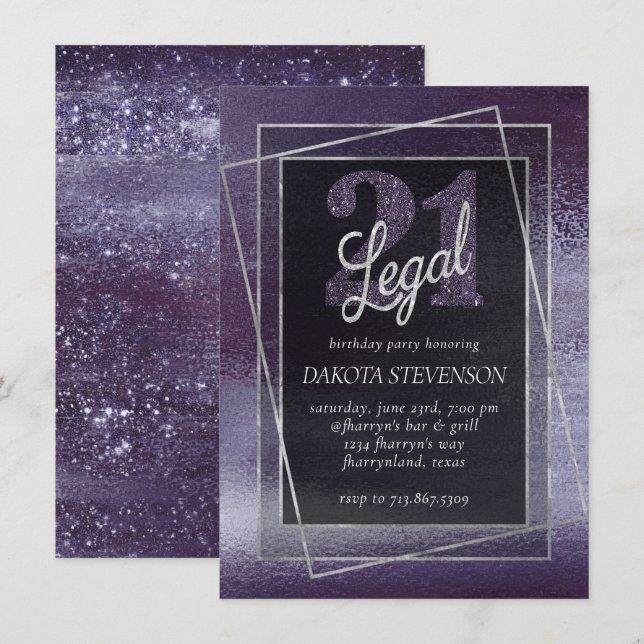 Glitzy Foil | Indigo Midnight Lila 21 und Legal Einladung (Vorne/Hinten)