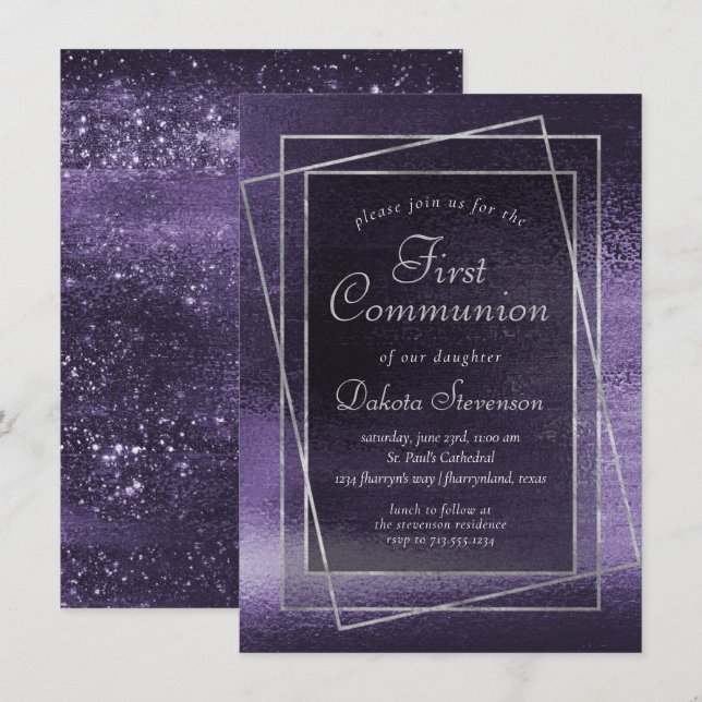 Glitzy Foil | Indigo Midnight Purple 1st Communion Einladung (Vorne/Hinten)
