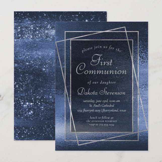 Glitzy Foil | Navy Blue Glitzer First Communation Einladung (Vorne/Hinten)