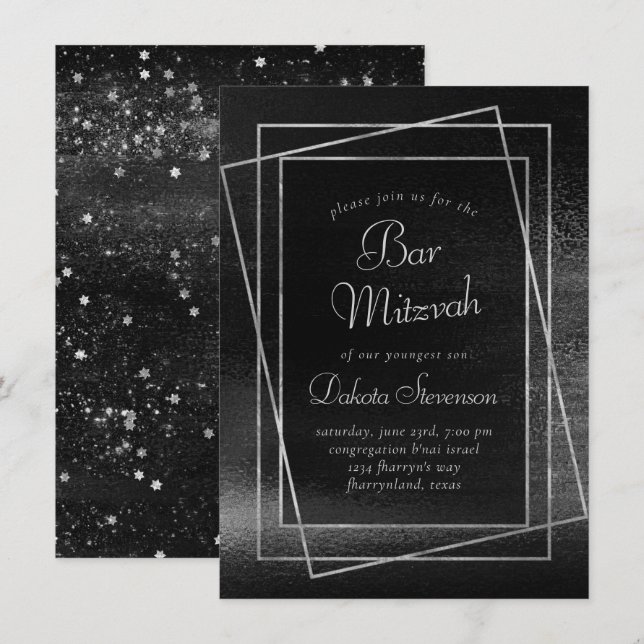 Glitzy Foil | Platinum Silver Bar or Bat Mitzvah Einladung (Vorne/Hinten)