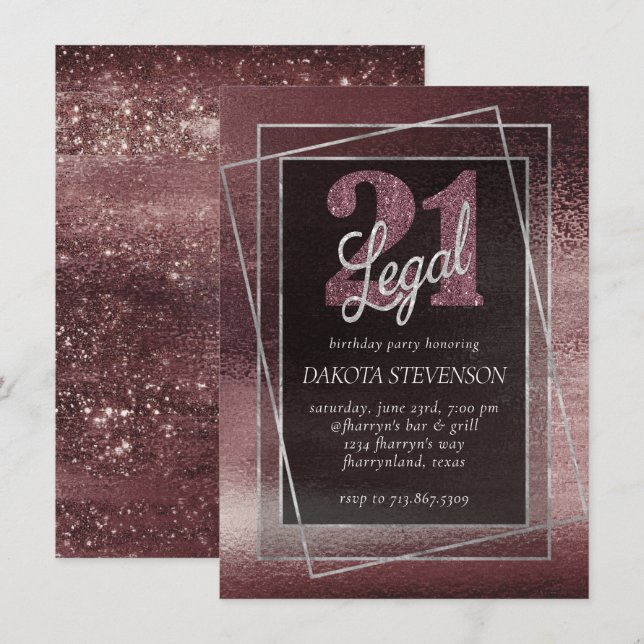 Glitzy Foil | Rose Gold Blush Glam 21 und Recht Einladung (Vorne/Hinten)