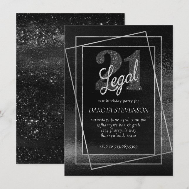 Glitzy Foil | Silver Platinum Shimmer 21 und Legal Einladung (Vorne/Hinten)