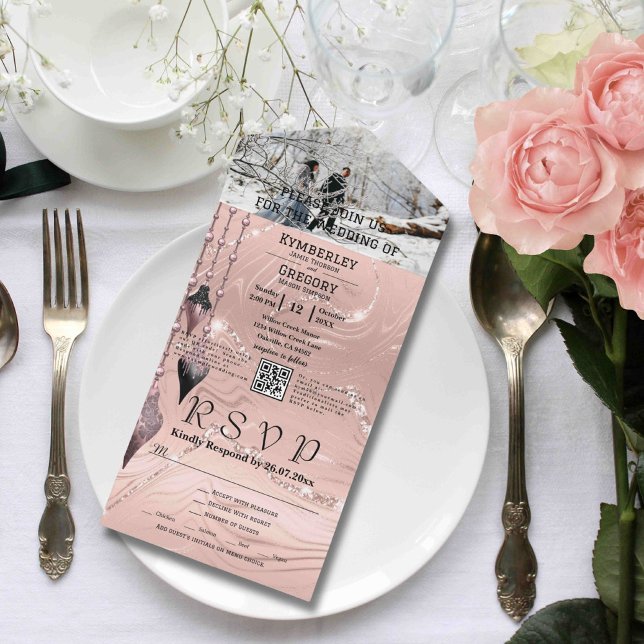 Glitzy Funkelnd Silver Pink Foto QR Code All In One Einladung (Von Creator hochgeladen)