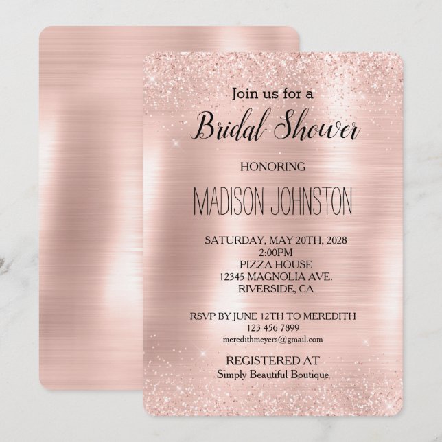 Glitzy Glam Blush Pink Glitzer Brautparty Einladung (Vorne/Hinten)