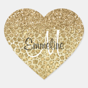 Glitzy Glam Gold Glitzer Leopard Print Monogram Herz-Aufkleber