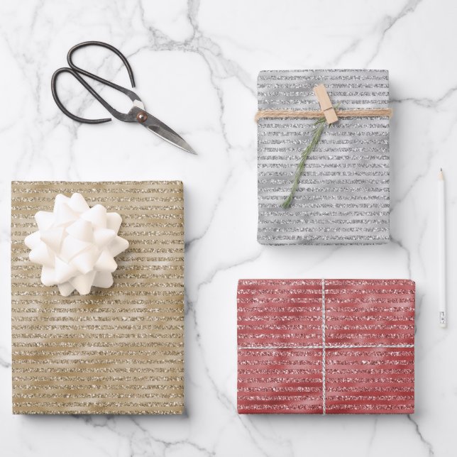 Glitzy Glam Gold Glitzer Streifen Geschenkpapier Set (Vorderseite)