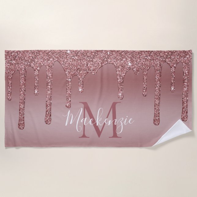 Glitzy GlamRose Gold Dripping Glitzer Monogram Strandtuch (Vorderseite)