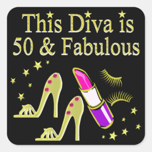 GLITZY GOLD 50. BIRTHDAY DIVA DESIGN QUADRATISCHER AUFKLEBER
