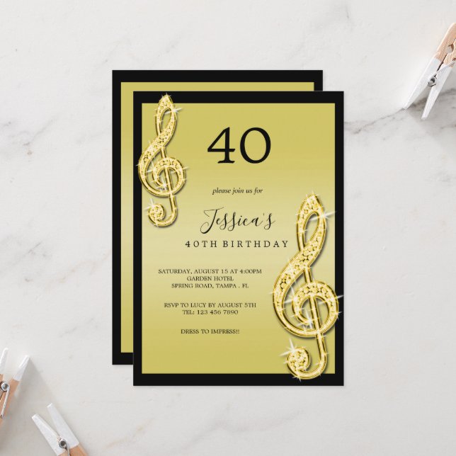 Glitzy Gold Musiknotens Geburtstag Einladung (Vorderseite/Rückseite Beispiel)