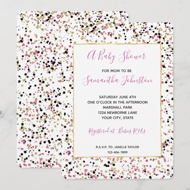 Glitzy Gold Pink Black Confetti Dots Baby Dusche Einladung (Vorne/Hinten)
