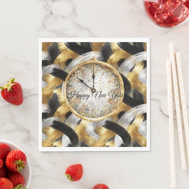 Glitzy Gold Silver Black New Year's Clock Serviette (Beispiel)