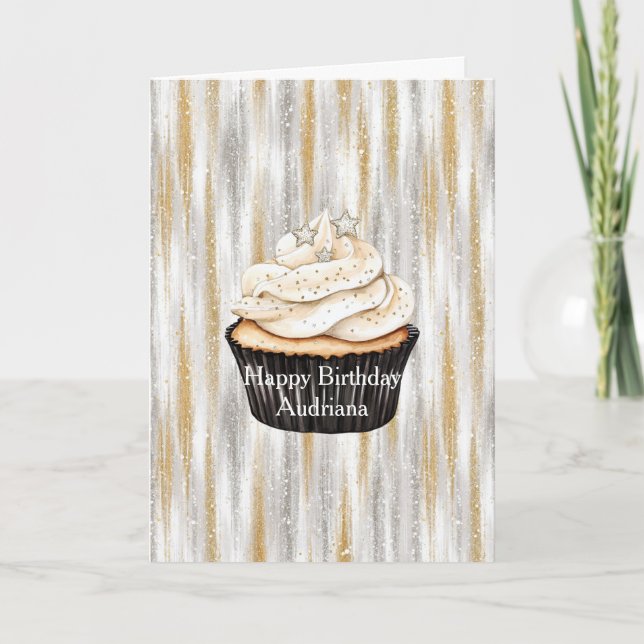 Glitzy Gold Silver Stars Cupcake Birthday Karte (Vorderseite)