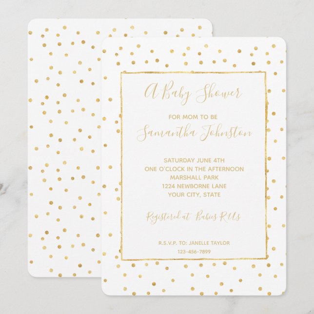 Glitzy Gold und White Confetti Babydusche Einladung (Vorne/Hinten)