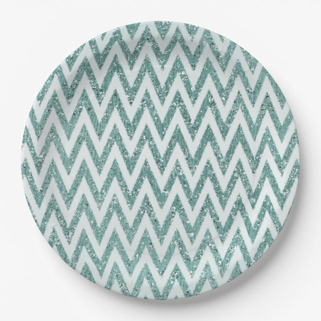 Glitzy Green White Zickzack Stripes Weihnachten Pappteller (Vorderseite)