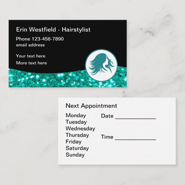 Glitzy Hair Beauty Termin Business Cards Visitenkarte (Vorne/Hinten)