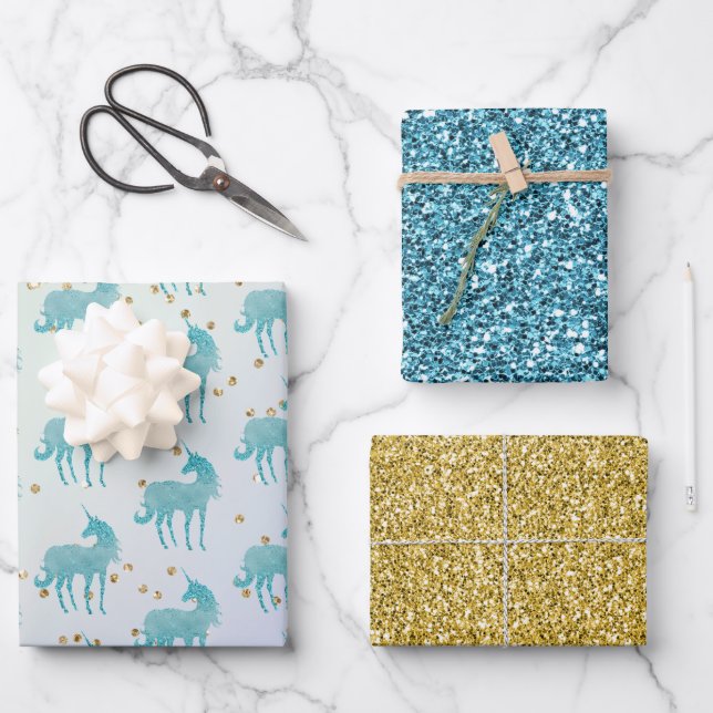 Glitzy Lila Aqua Gold Sparkle Unicorn Geschenkpapier Set (Vorderseite)