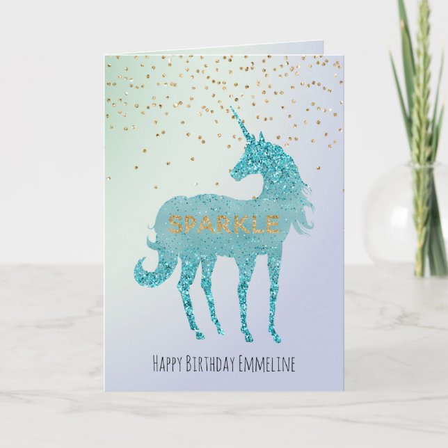 Glitzy Lila Aqua Sparkle Einhorn Name Karte (Vorderseite)
