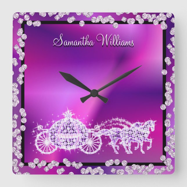Glitzy Lila Princess Coach & Horses Quadratische Wanduhr (Vorderseite)