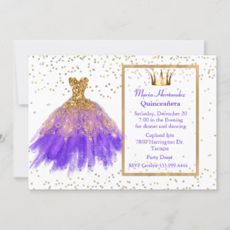 Glitzy Lila und Gold Gown Quinceñera Einladung