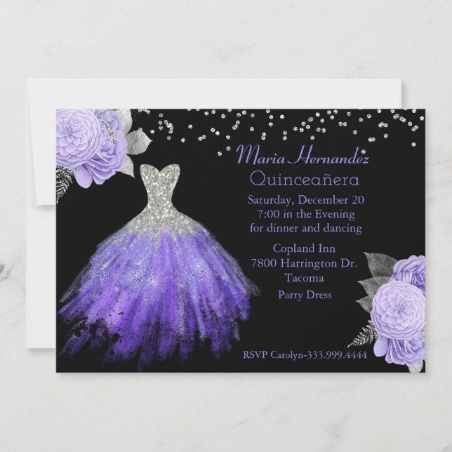 Glitzy Lila und Silver Gown Quinceñera 2 Einladung (Vorderseite)