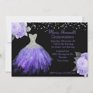 Glitzy Lila und Silver Gown Quinceñera 2 Einladung