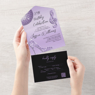 Glitzy Lilac & Black 30. Geburtstag QR Code All In One Einladung