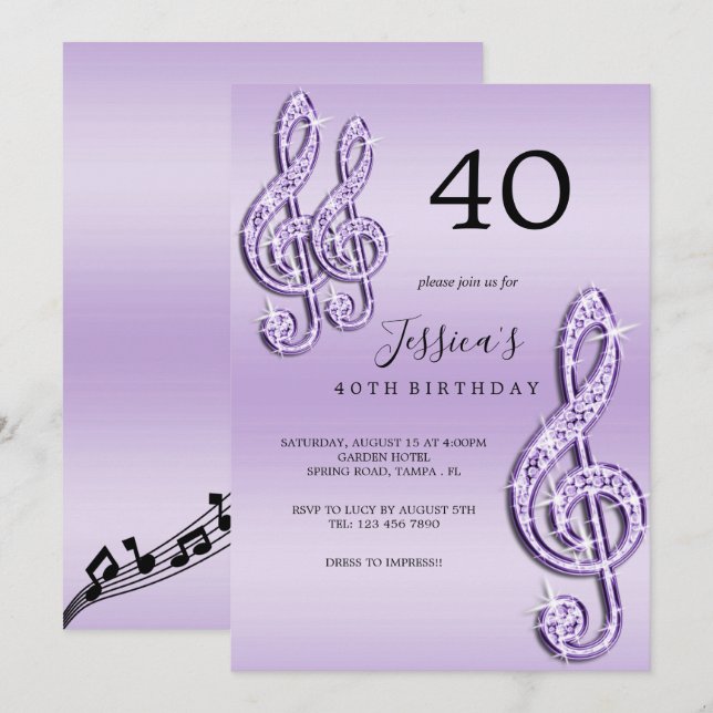 Glitzy Lilac Musiknotens Birthday Einladung (Vorne/Hinten)