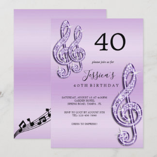 Glitzy Lilac Musiknotens Birthday Einladung