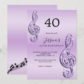 Glitzy Lilac Musiknotens Birthday Einladung